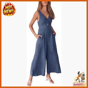 Linen Jumpsuit Wide Leg Sleeveless V Neck Casual Chic Summer Vacation Outfit